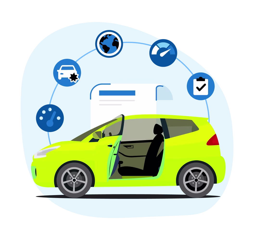 Ein grünes Auto mit geöffneter Tür und Symbolen für Fahrzeughistorie, darunter Import, Kilometerstand, Schäden und Prüfungen. Ein grünes Auto mit geöffneter Tür und Symbolen für Fahrzeughistorie, darunter Import, Kilometerstand, Schäden und Prüfungen.