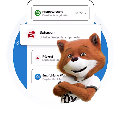 CAR FOX vor einem CARFAX Report mit Angaben zur Fahrzeughistorie wie Kilometerstand, Schäden, Rückrufen und empfohlener Wartung. CAR FOX vor einem CARFAX Report mit Angaben zur Fahrzeughistorie wie Kilometerstand, Schäden, Rückrufen und empfohlener Wartung.